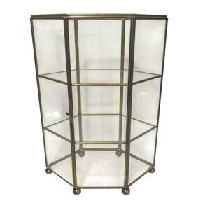 Vintage brass & clear glass miniature display case cabinet with hinged door